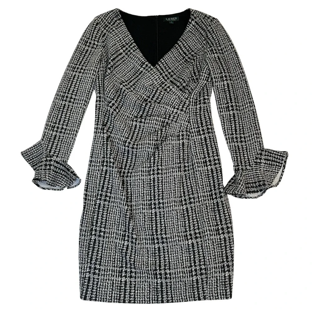 Lauren Ralph Lauren Women's Plaid Ruched Dress‎ Black Size 14 Knee Length
